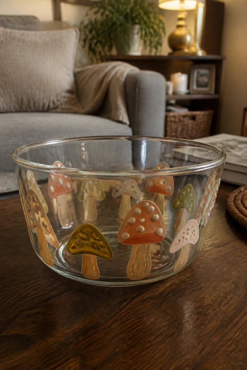 Glass bowl with colorful mushroom decals on wooden table in living room