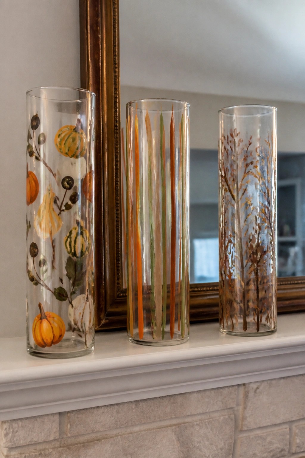 Three autumn-themed glass vases with pumpkins, stripes, and trees on a mantel