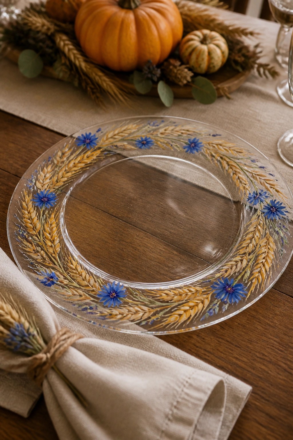 Clear glass plate with painted wheat and blue flowers beside linen napkin on wood table.