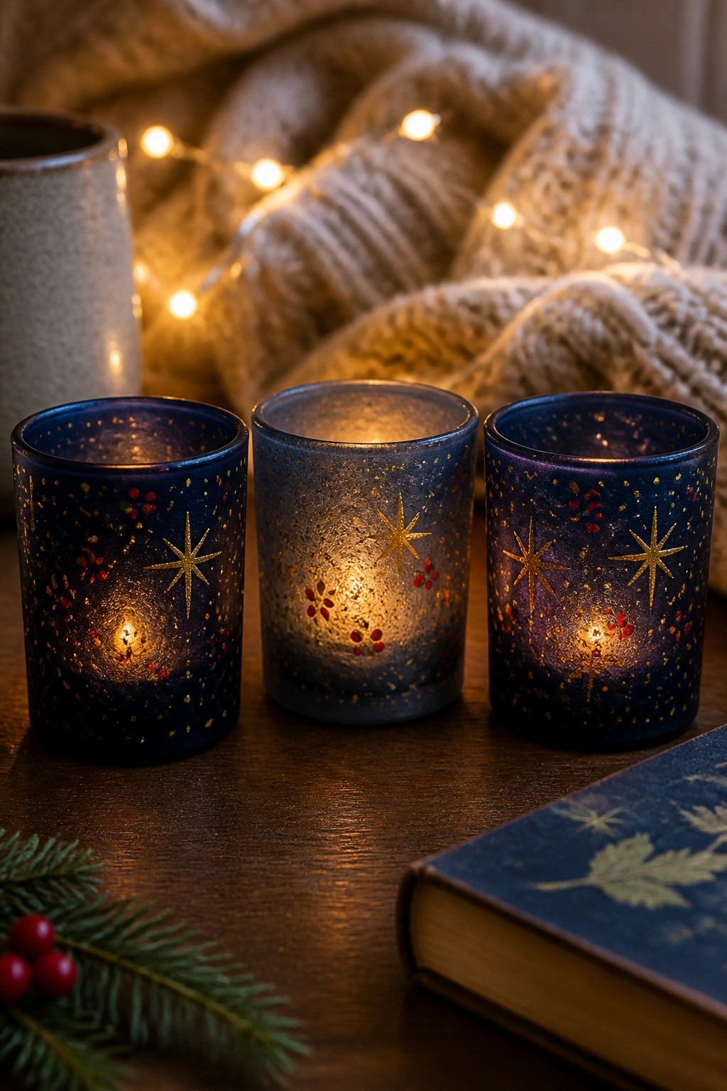 Three small blue glass votives painted with gold stars and red berry clusters sit lit on a wooden table beside a book and pine branch.