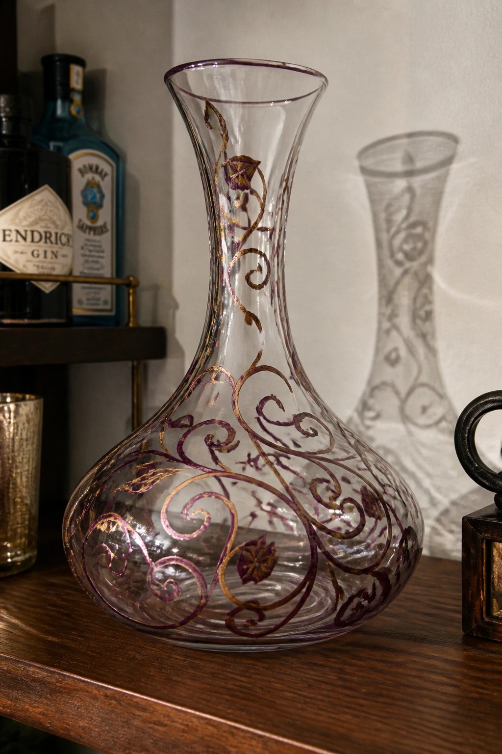 Ornate clear glass vase with purple and gold floral swirls on wooden table