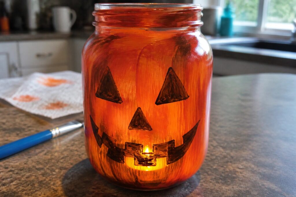 22 Creative Halloween Glass Painting Ideas for Spooky DIY Decor Illuminated orange mason jar with painted jack-o'-lantern face glowing on kitchen counter