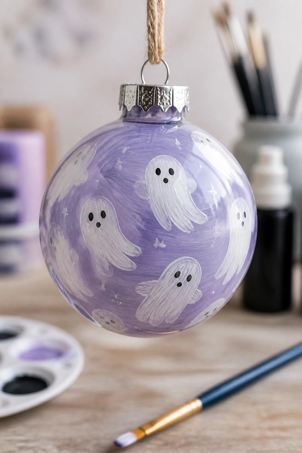 Purple glass ornament painted with white ghosts hanging above paint palette and brush