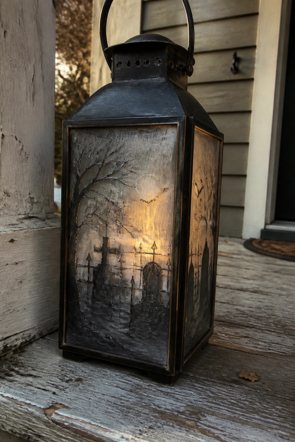 Black lantern with glowing graveyard scene of tombstones, cross, trees, moon, and bats on wood.