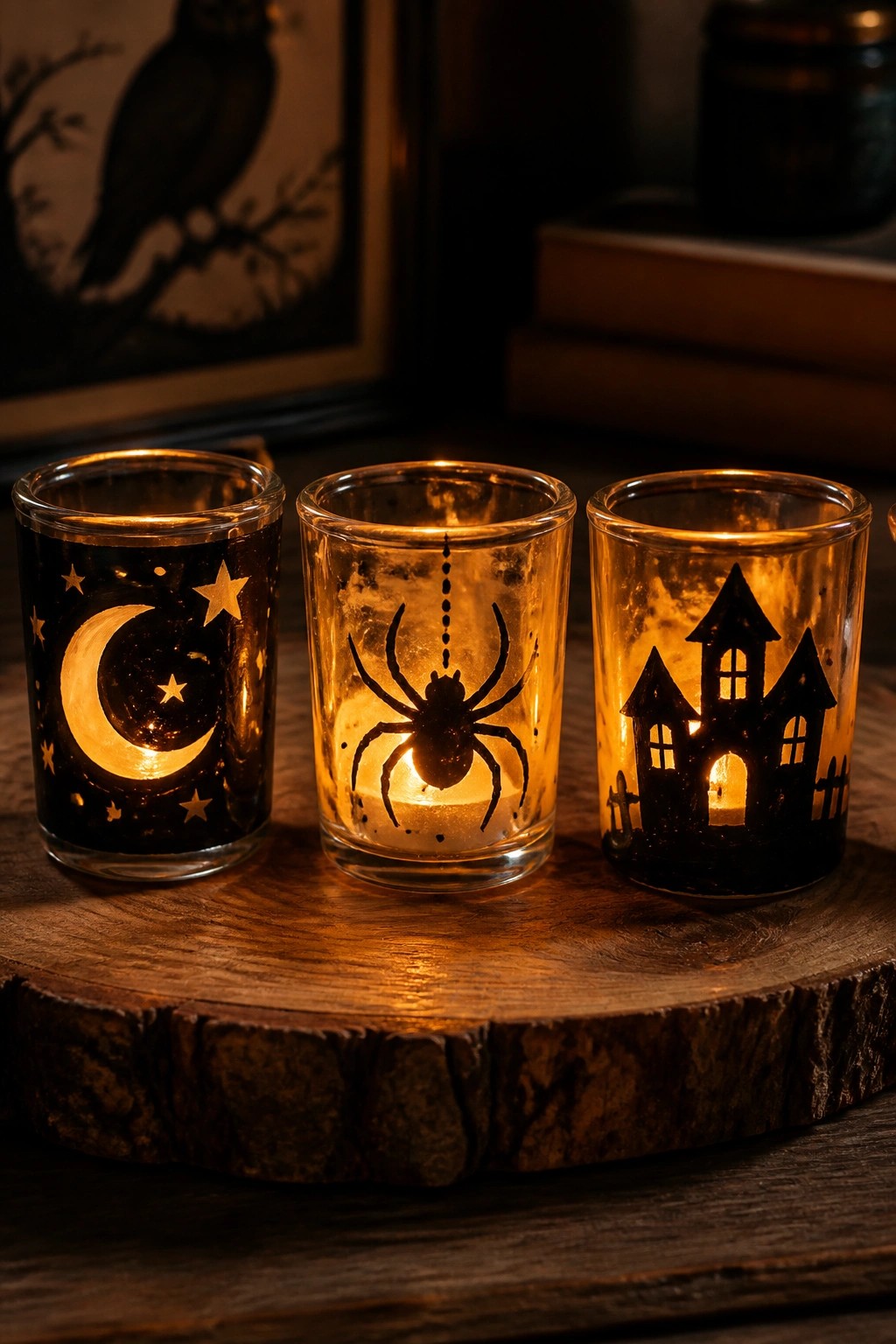 Three glowing Halloween votives with moon, spider, and castle designs on wood slice.