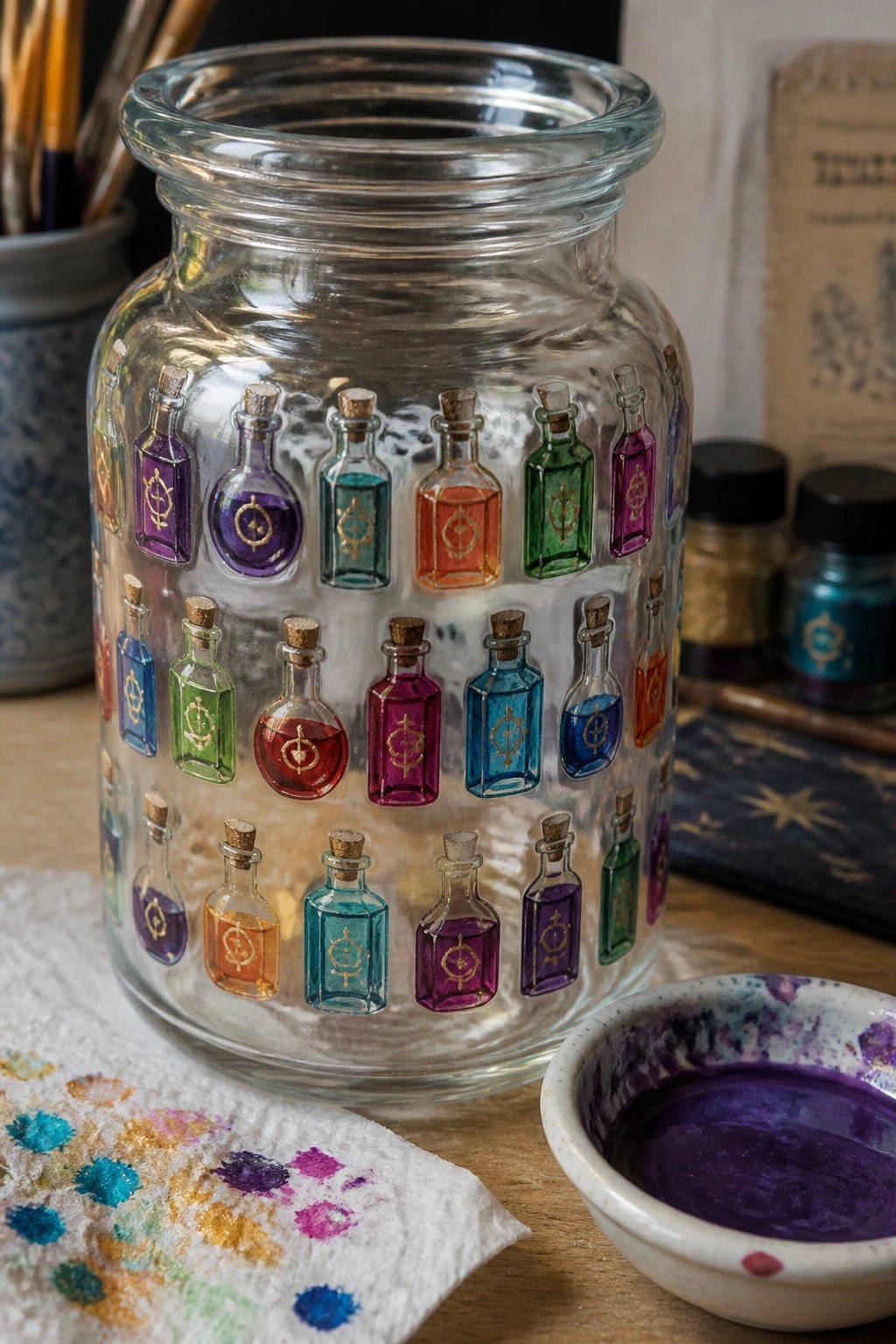 Glass jar decorated with colorful miniature potion bottle illustrations beside bowl of purple paint
