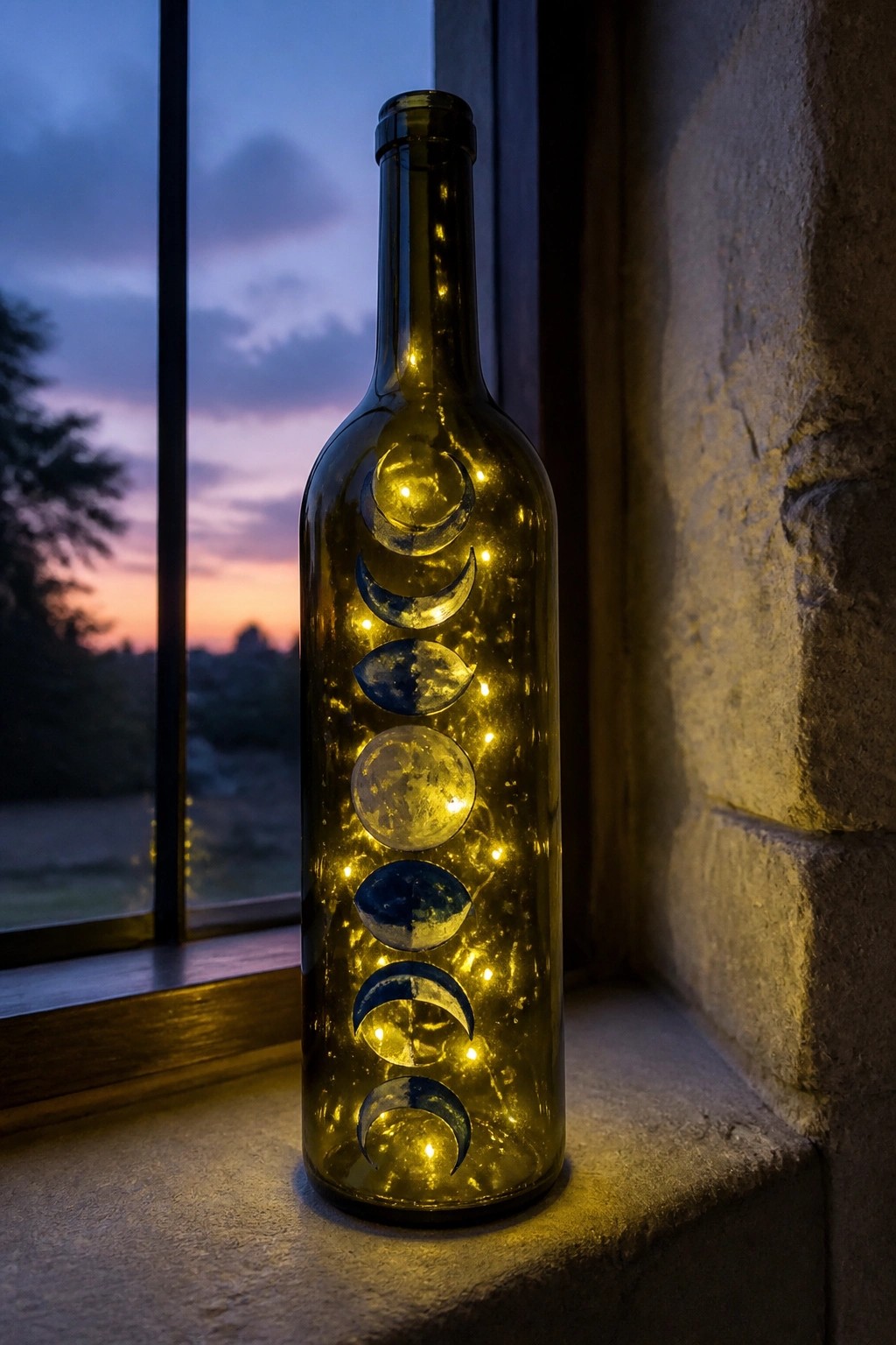 Illuminated green bottle with moon phase decals and string lights on windowsill at dusk