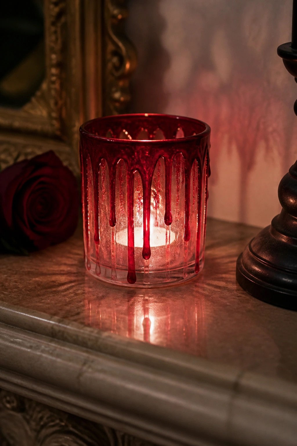 Lit red dripping glass candle holder beside dark rose on marble surface