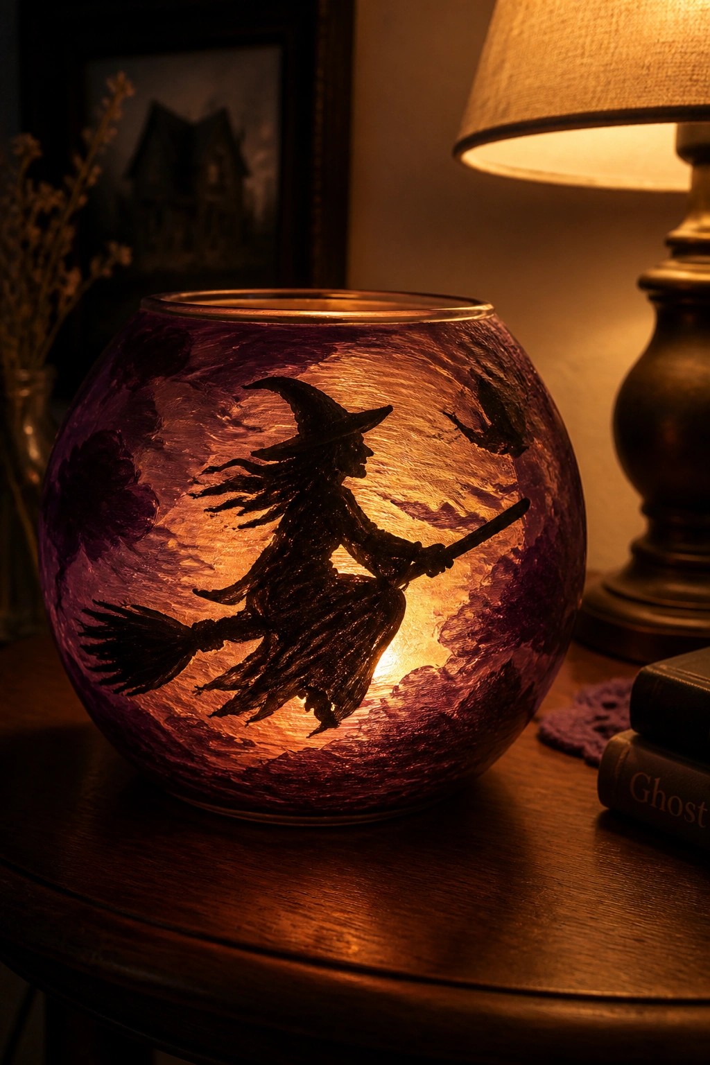 Glowing purple glass bowl with witch on broomstick silhouette amid clouds and bats