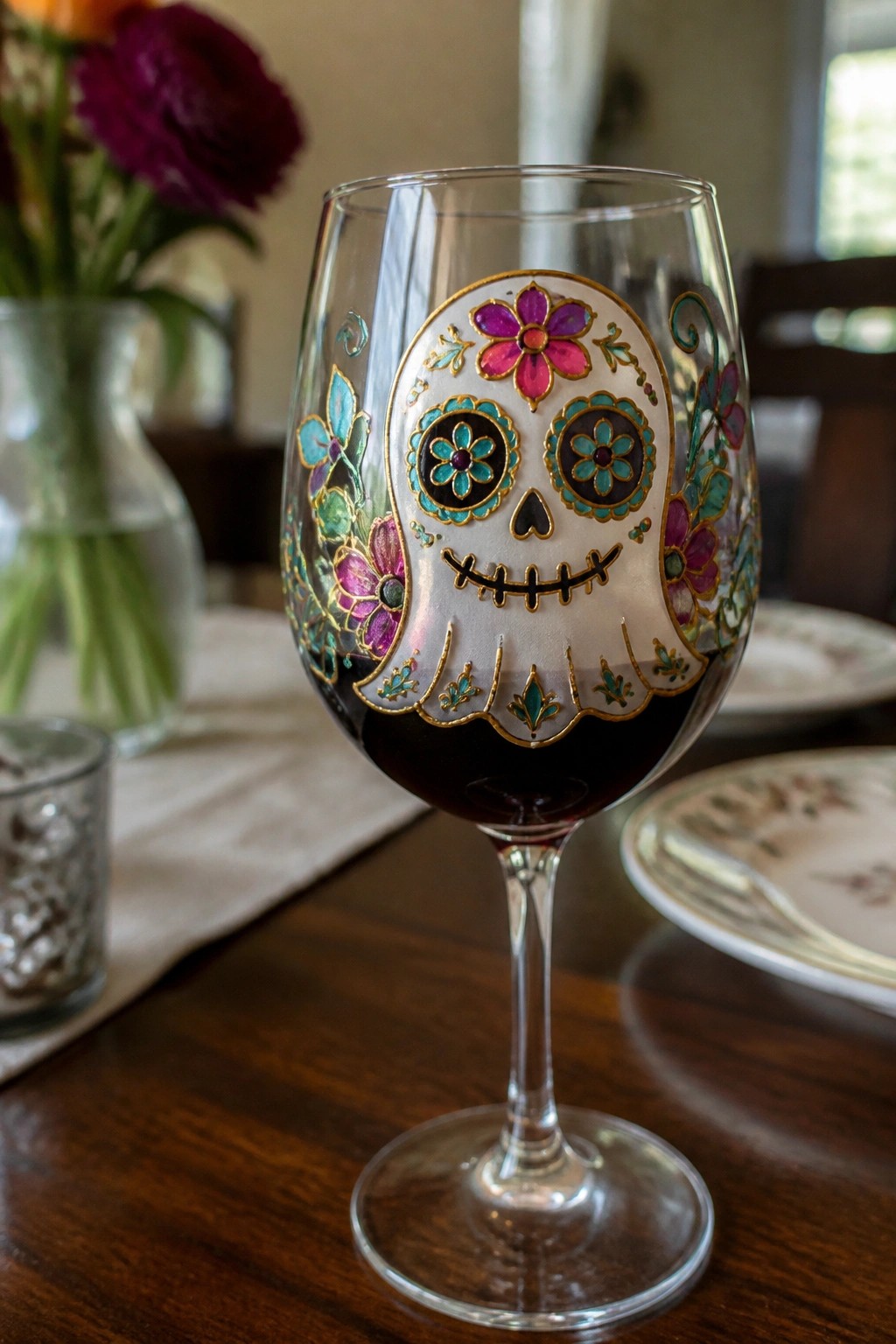 Wine glass with colorful sugar skull design filled with red wine on table