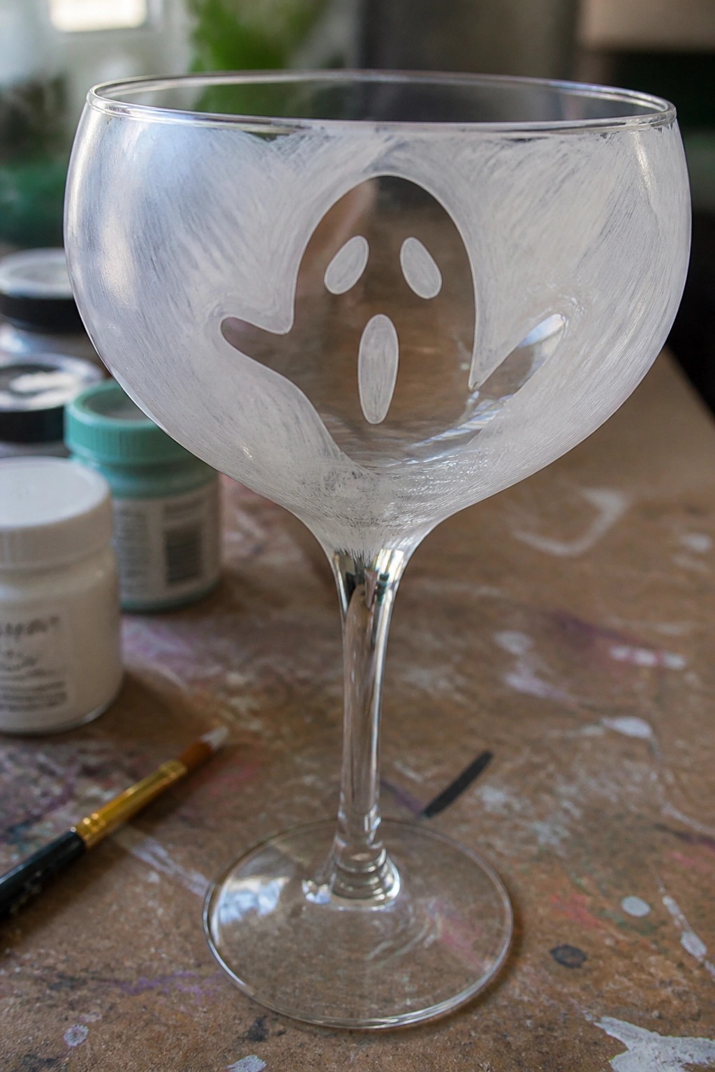 Clear stemmed glass with frosted ghost design on paint-splattered table amid supplies