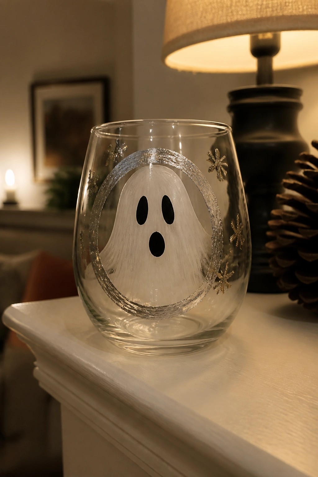 Clear glass with white ghost face, black eyes, silver glitter ring and gold snowflakes.