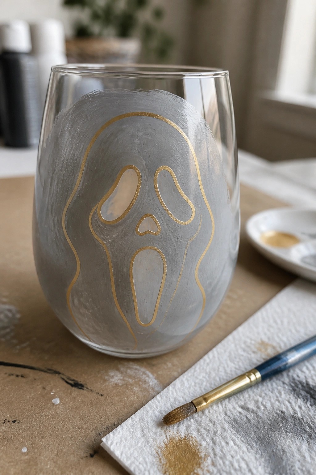 Clear stemless wine glass with gray ghost face outlined in gold paint