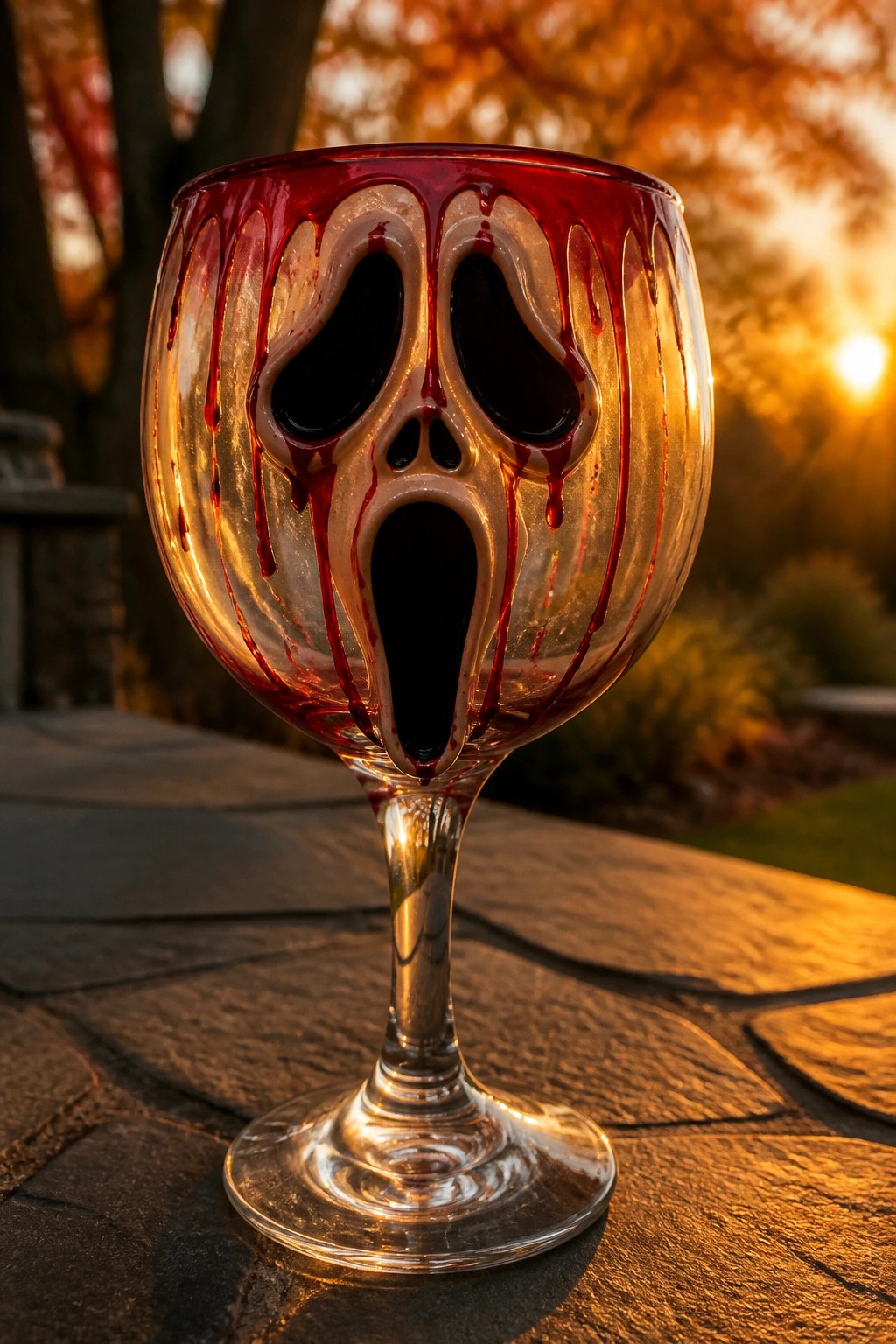 Ghost-faced wine glass with red drips on stone table amid autumn sunset.