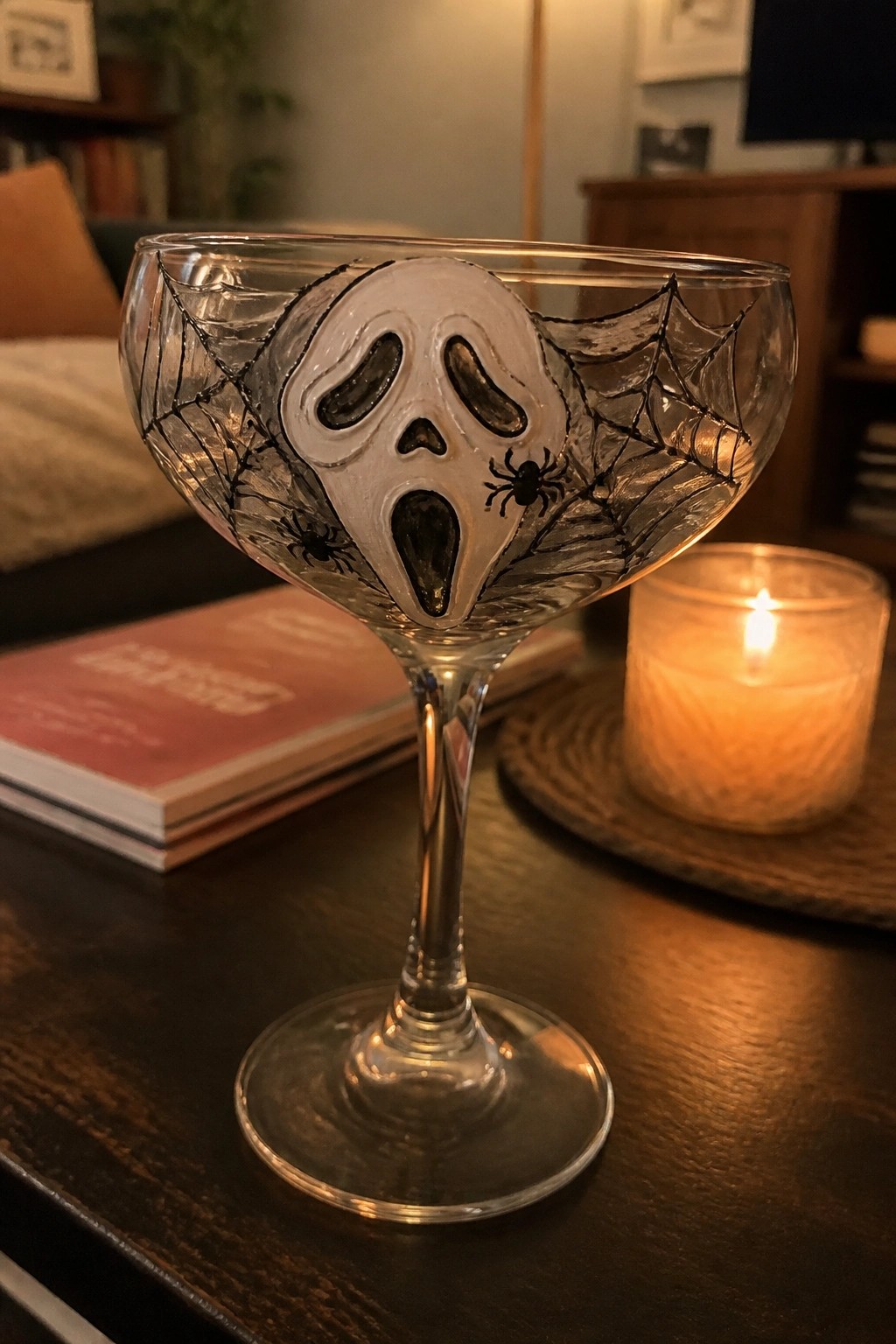 Stemmed glass with ghost face, spiderwebs, and spiders beside lit candle on table