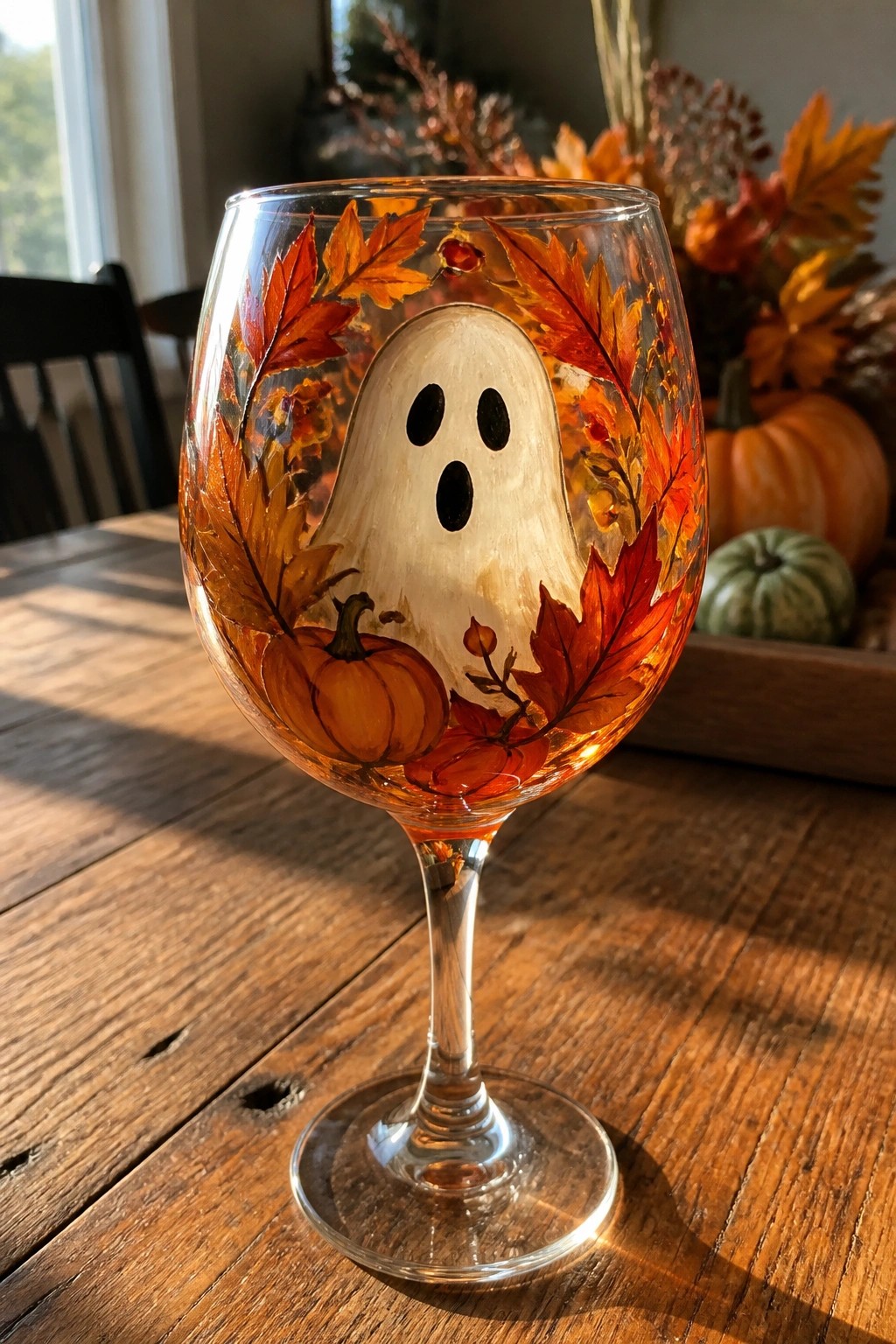 Hand-painted wine glass with white ghost, orange autumn leaves, and pumpkins.
