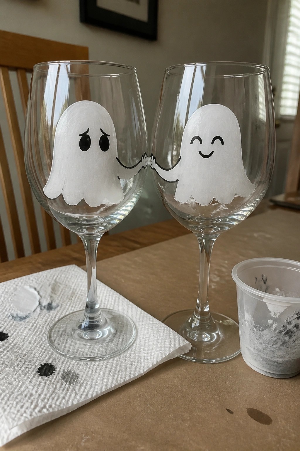 Two wine glasses with painted white ghosts holding hands, one sad and one happy.