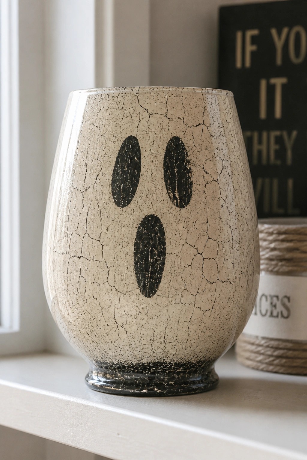 Cracked beige vase with black oval ghost face on white windowsill
