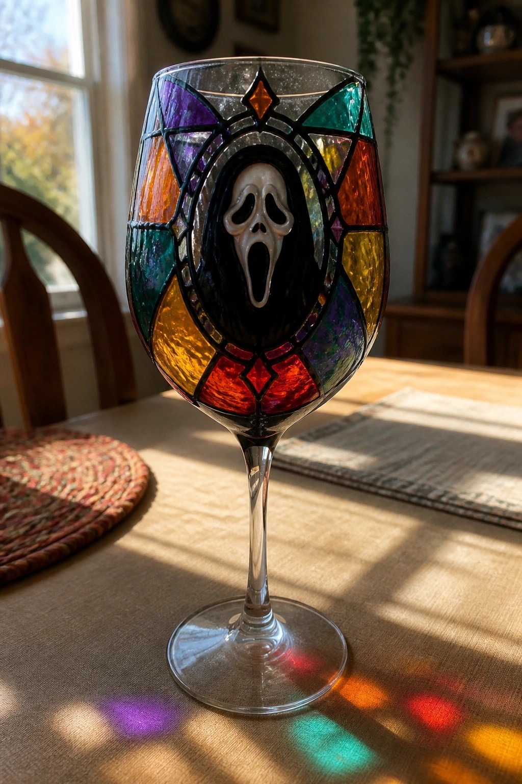 A clear wine glass painted with a stained-glass style design showing a central white Ghost Face mask on black, surrounded by panels of purple, green, orange, yellow, and red.