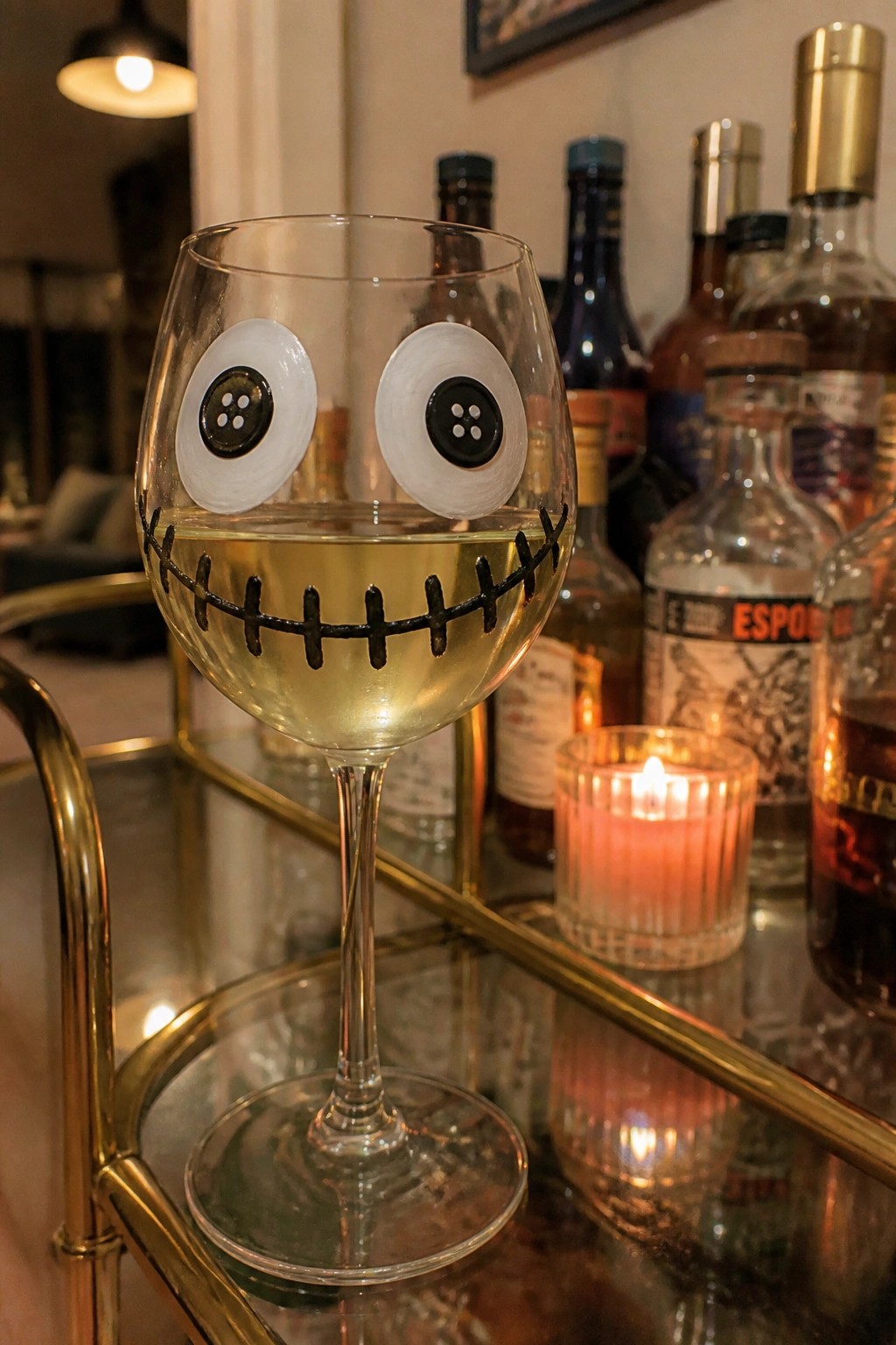 Wine glass with button eyes and stitched mouth filled with white wine on bar cart