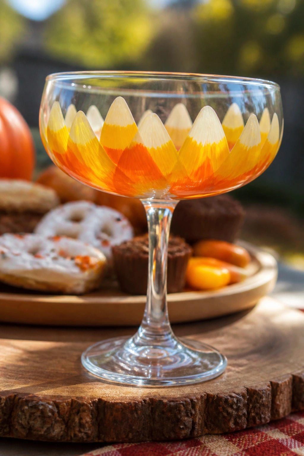 Stemmed glass with candy corn pattern holding orange drink amid fall pastries and candies
