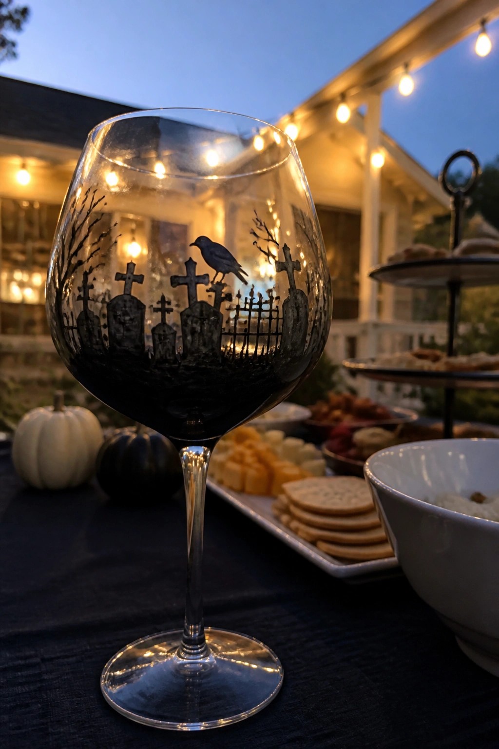 Etched wine glass with graveyard silhouette filled with dark red wine at dusk party