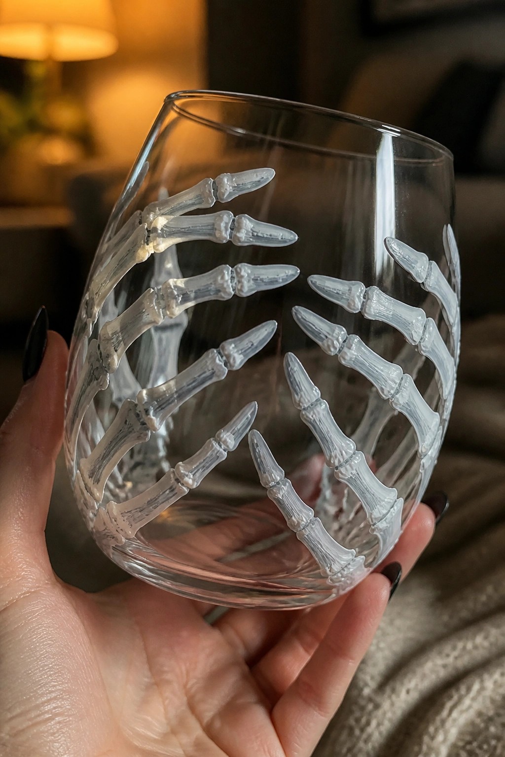 Hand with black nails holding glass with white skeleton hand designs.
