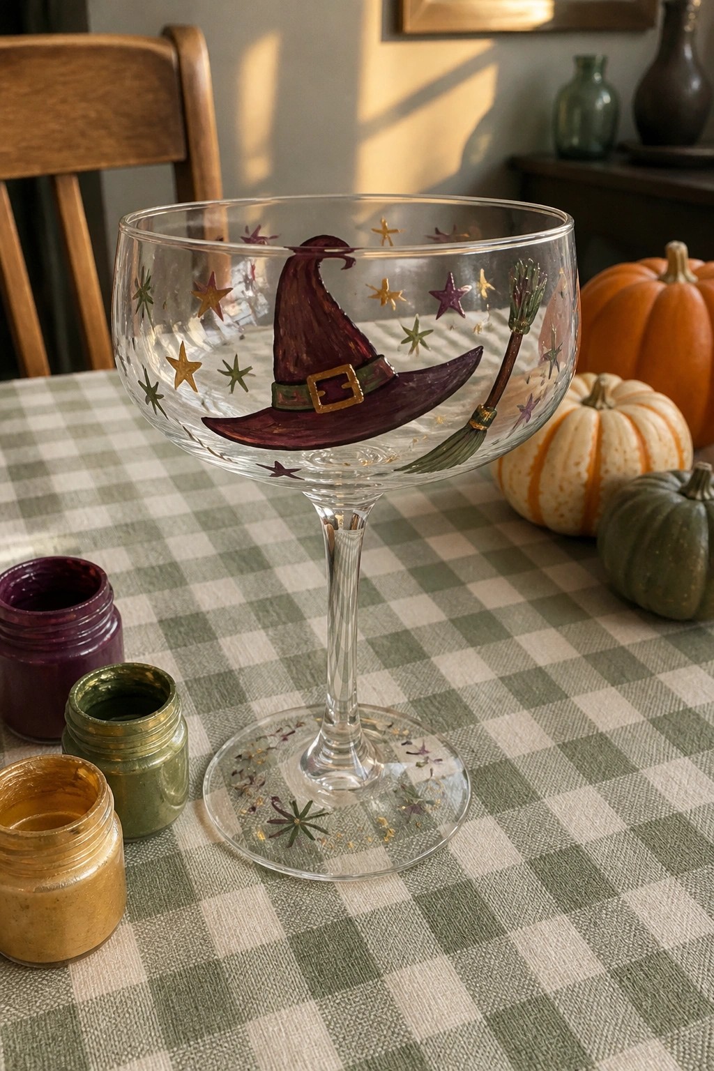 Painted wine glass with purple witch hat, stars, and broom on checkered table.