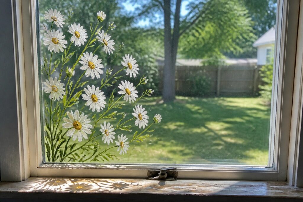 Painted white daisies with yellow centers on a window overlooking a backyard.