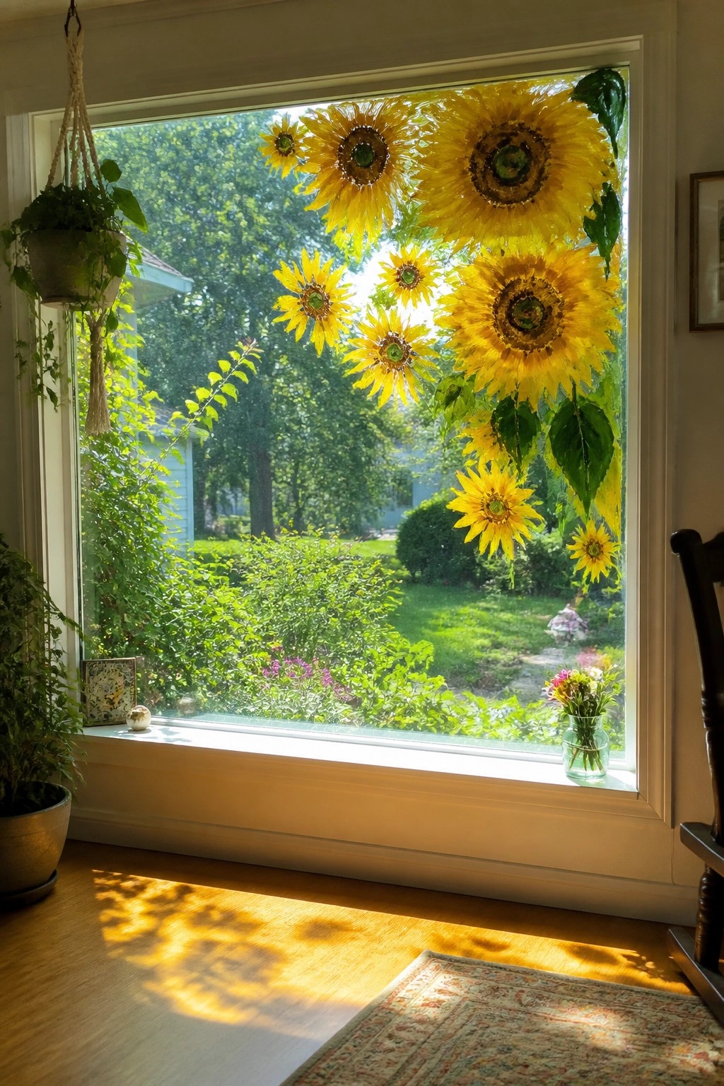 Window with large yellow sunflower decals, houseplants, and sunny garden view beyond