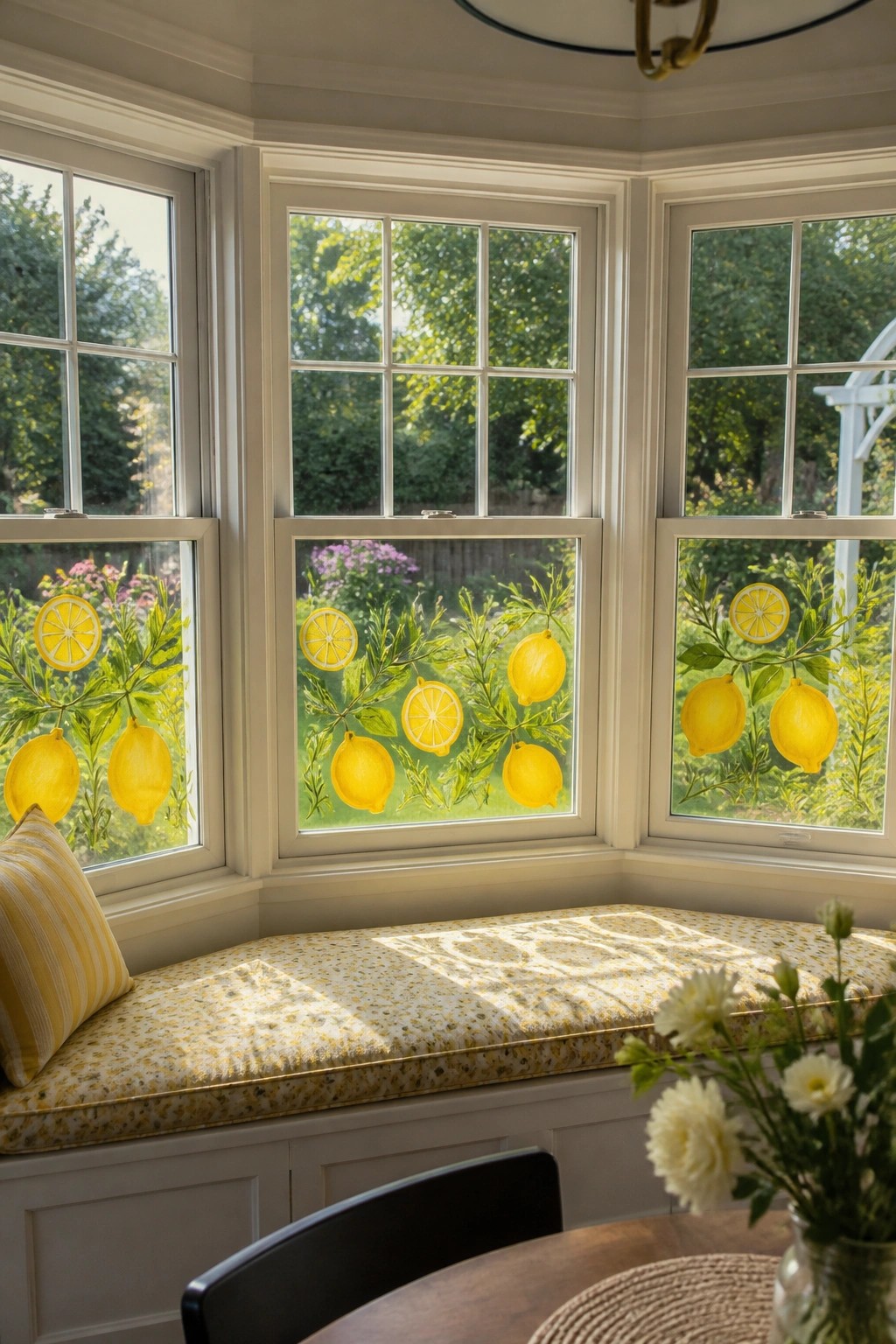 Bay window with lemon decals above sunlit yellow floral window seat cushion