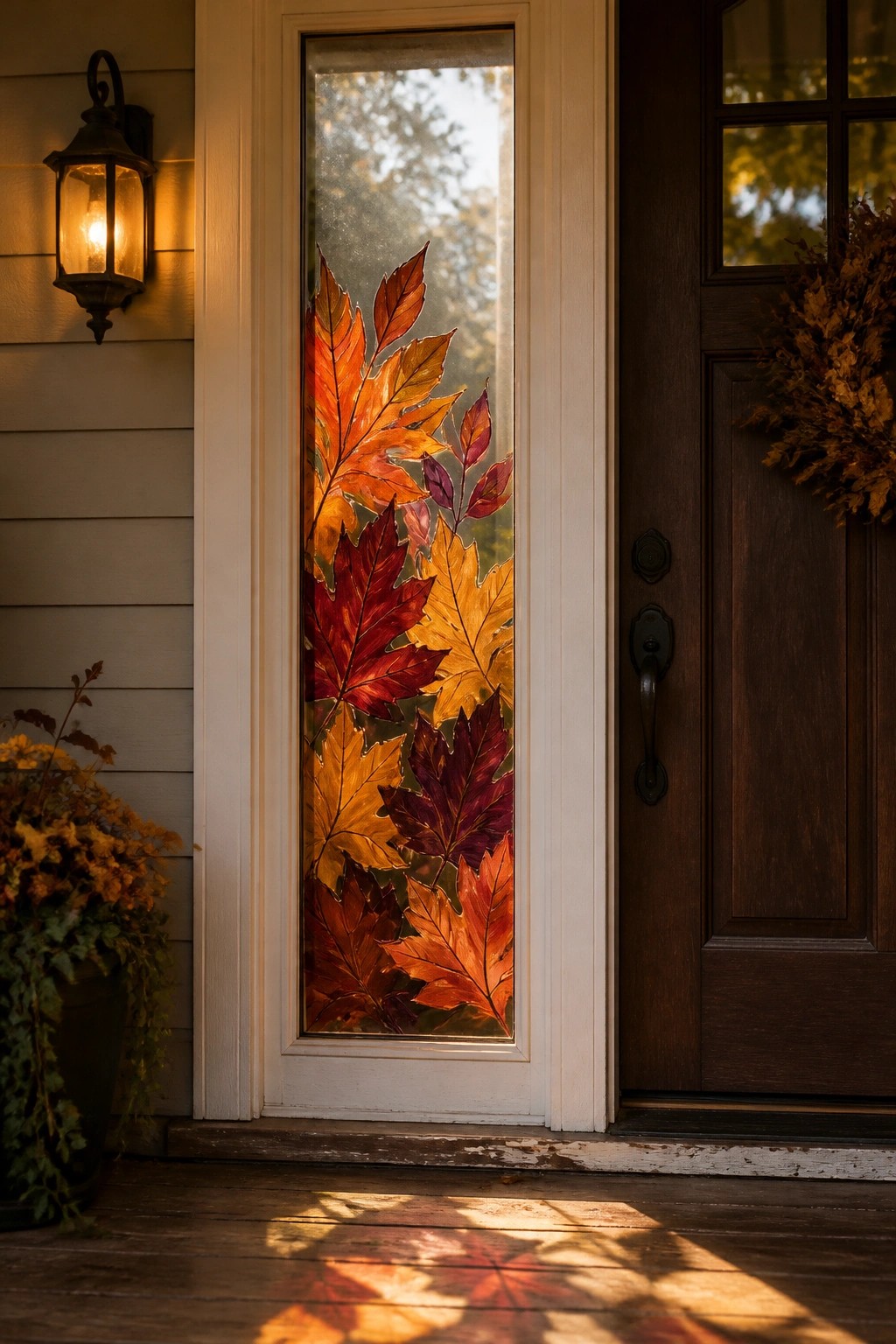 White door with vibrant autumn leaf stained glass beside lit lantern and leaf shadows.