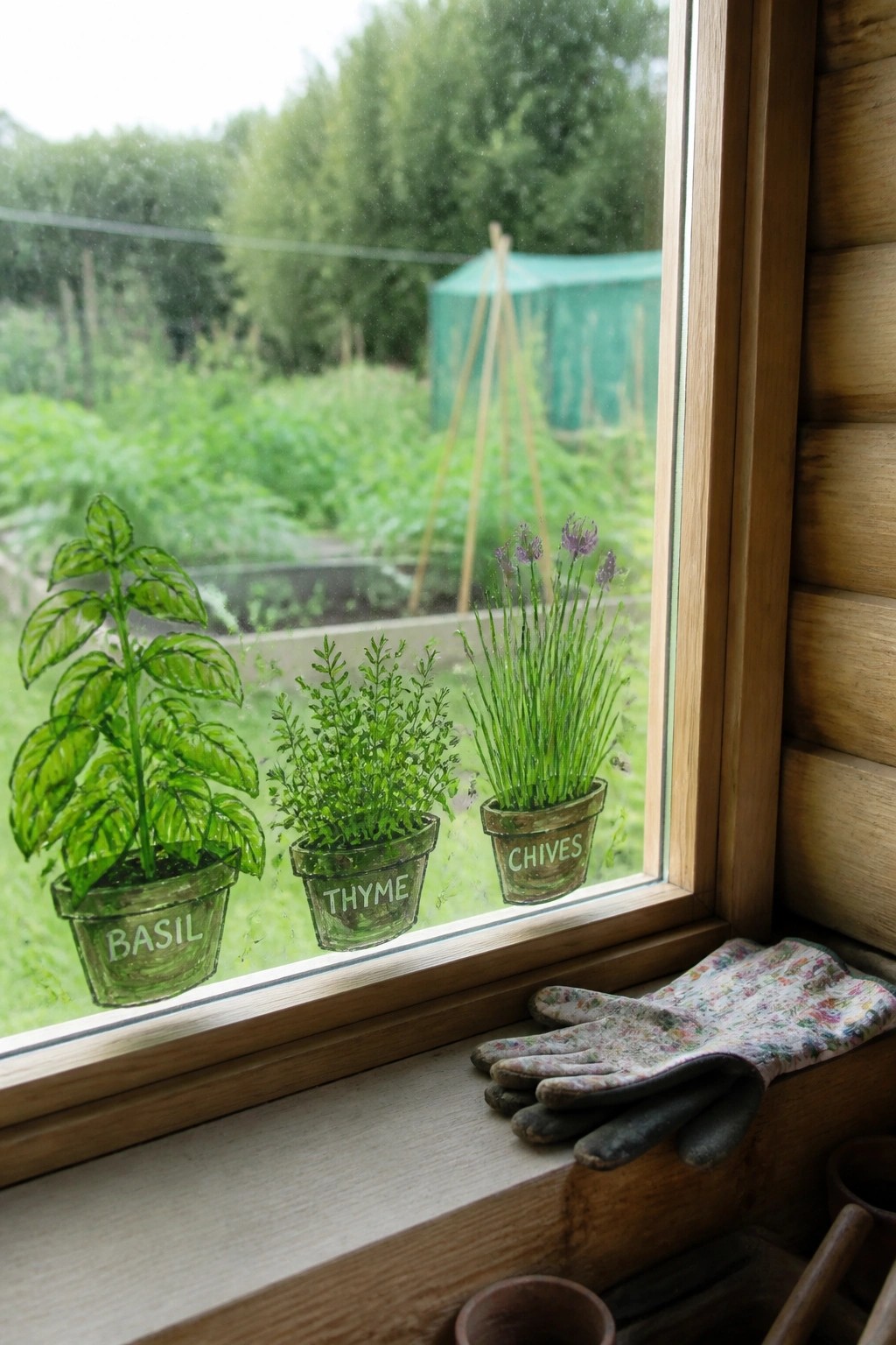 Illustrated potted herbs basil, thyme, chives on window with gardening gloves