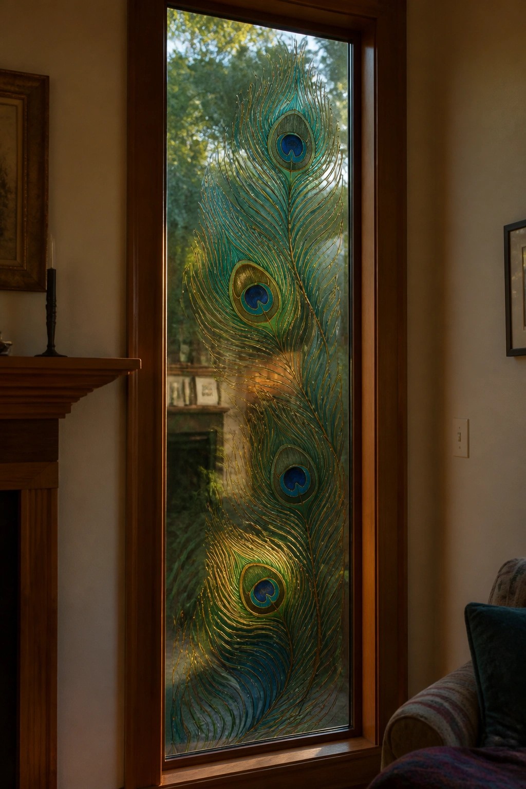 Stained glass window with vibrant turquoise and gold peacock feather design