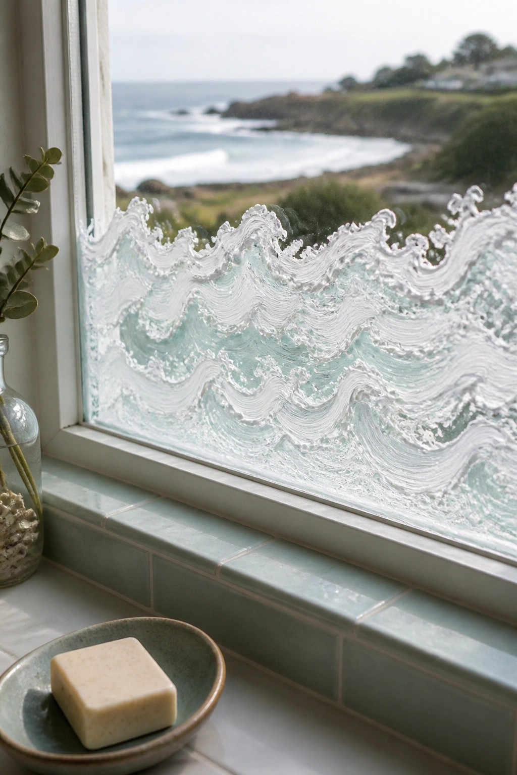 Coastal window with frosted wave pattern on glass above green tiled sill with soap.