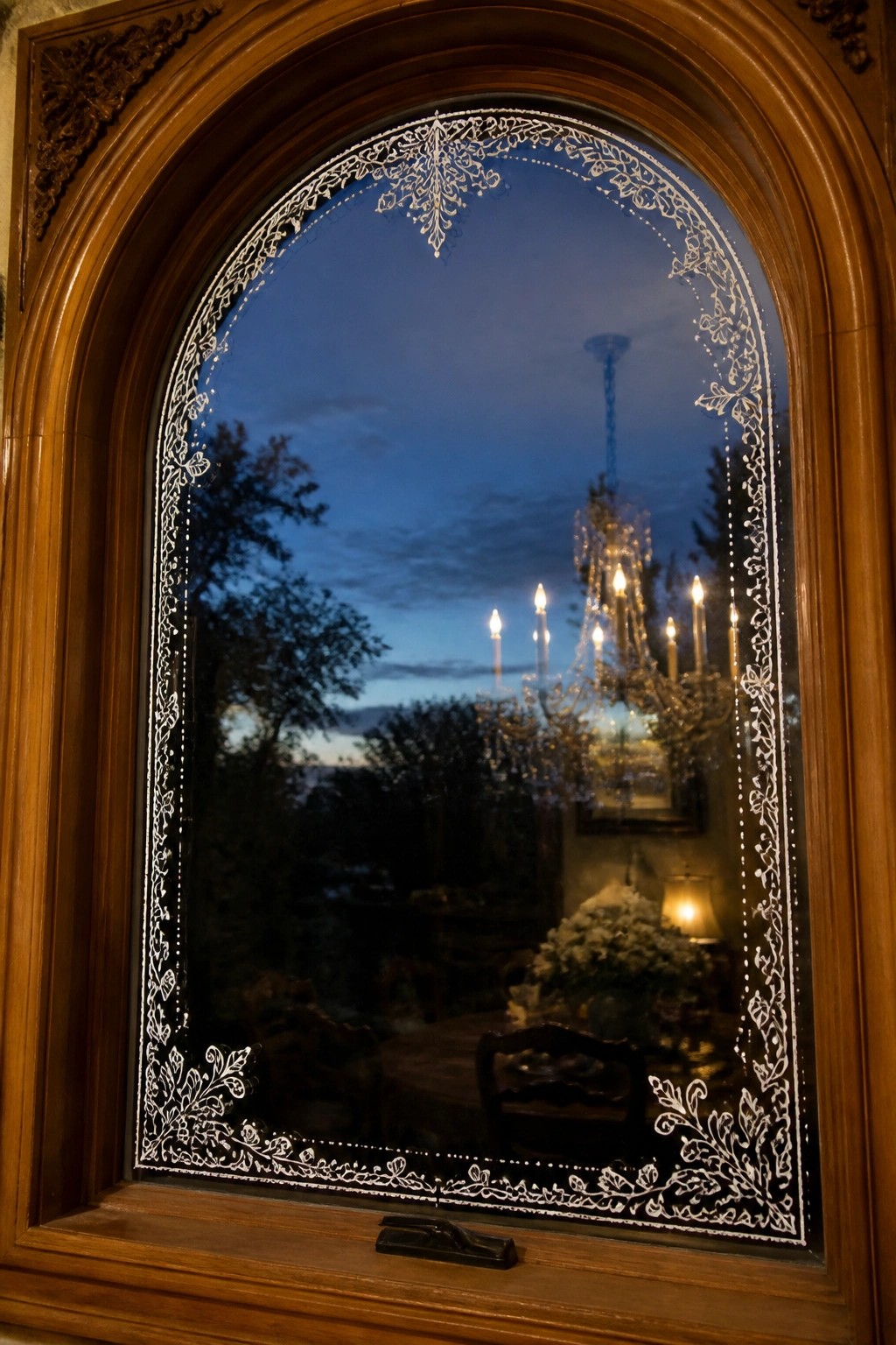 Arched etched window reflecting a lit chandelier and dining table at dusk.