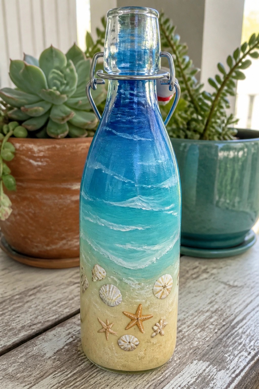 Glass bottle painted as ocean waves with seashells and starfish on wood