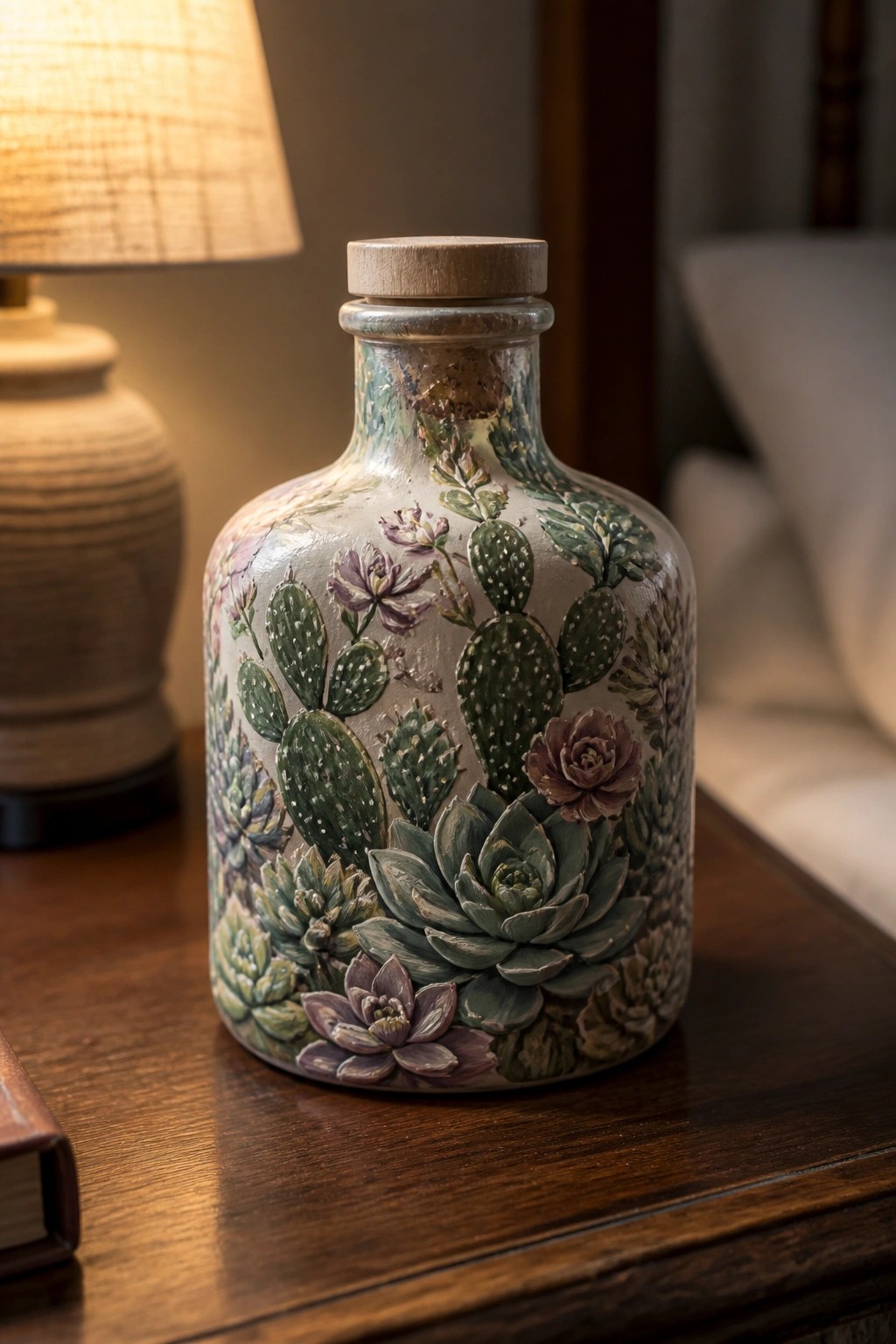 Painted bottle with textured cacti, succulents, and wooden stopper on table