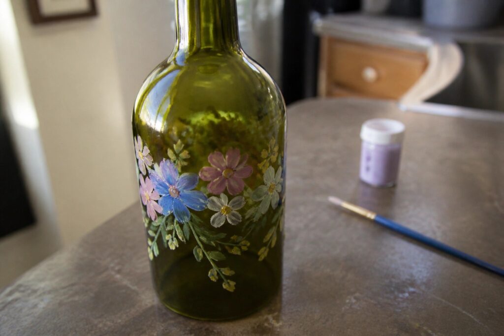 22 Cute Bottle Painting Ideas Designed for Handmade Gifts and Room Decor Green glass bottle hand-painted with pink blue purple wildflowers on kitchen counter