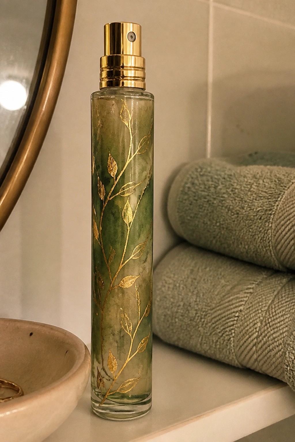 Green marbled glass perfume bottle with gold leaf design on bathroom counter