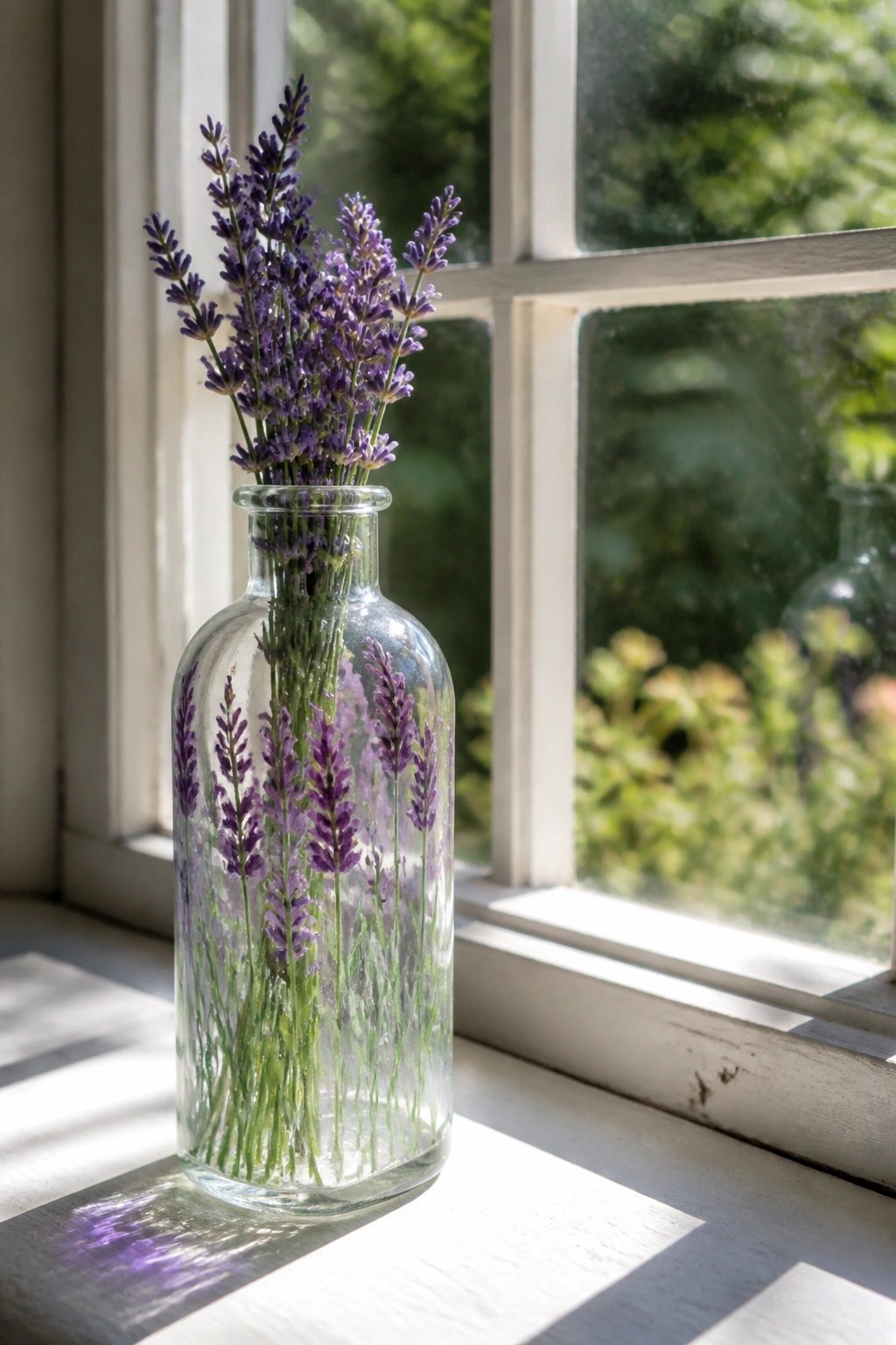 Purple lavender flowers in glass bottle on sunlit white windowsill