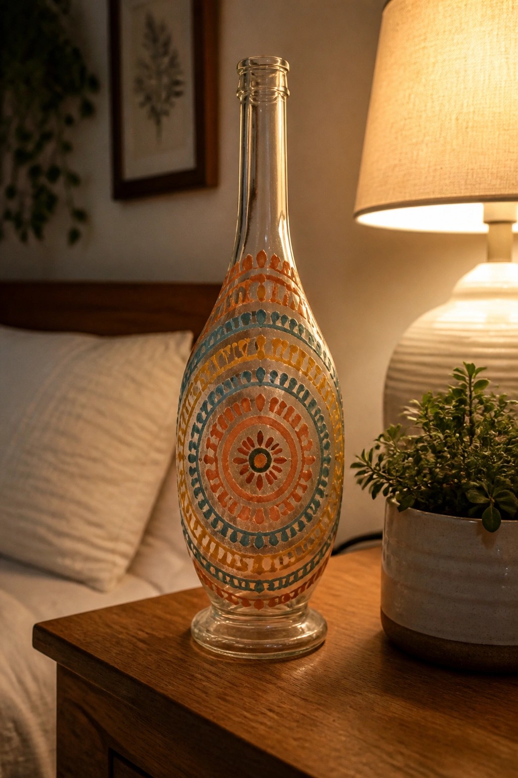 Colorful mandala-patterned glass bottle on nightstand beside lamp and plant