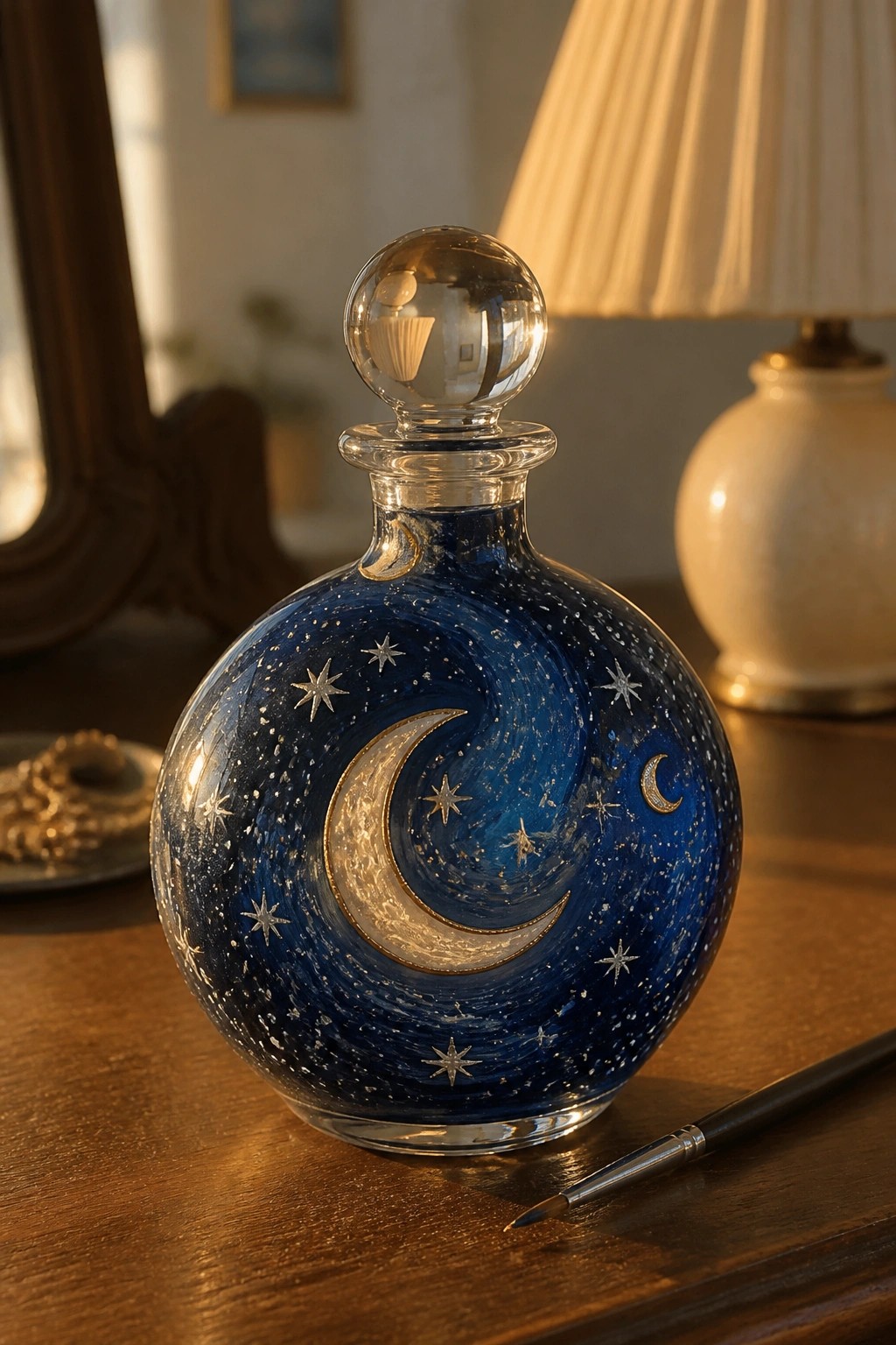 Blue glass bottle with crescent moon and stars beside paintbrush on wooden table