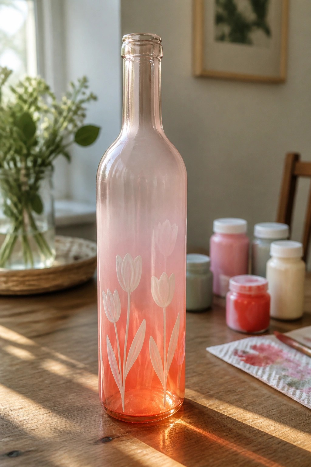 Pink-orange gradient glass bottle with white tulip designs on wooden table