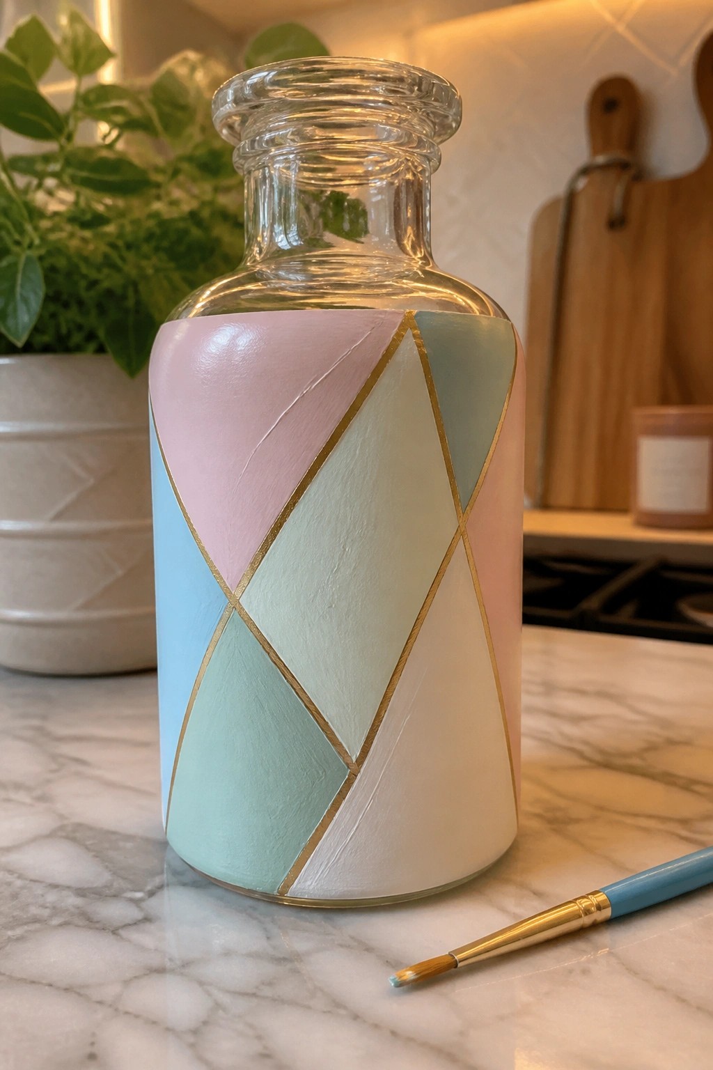 Pastel pink, blue, mint, and white painted glass bottle with gold geometric lines