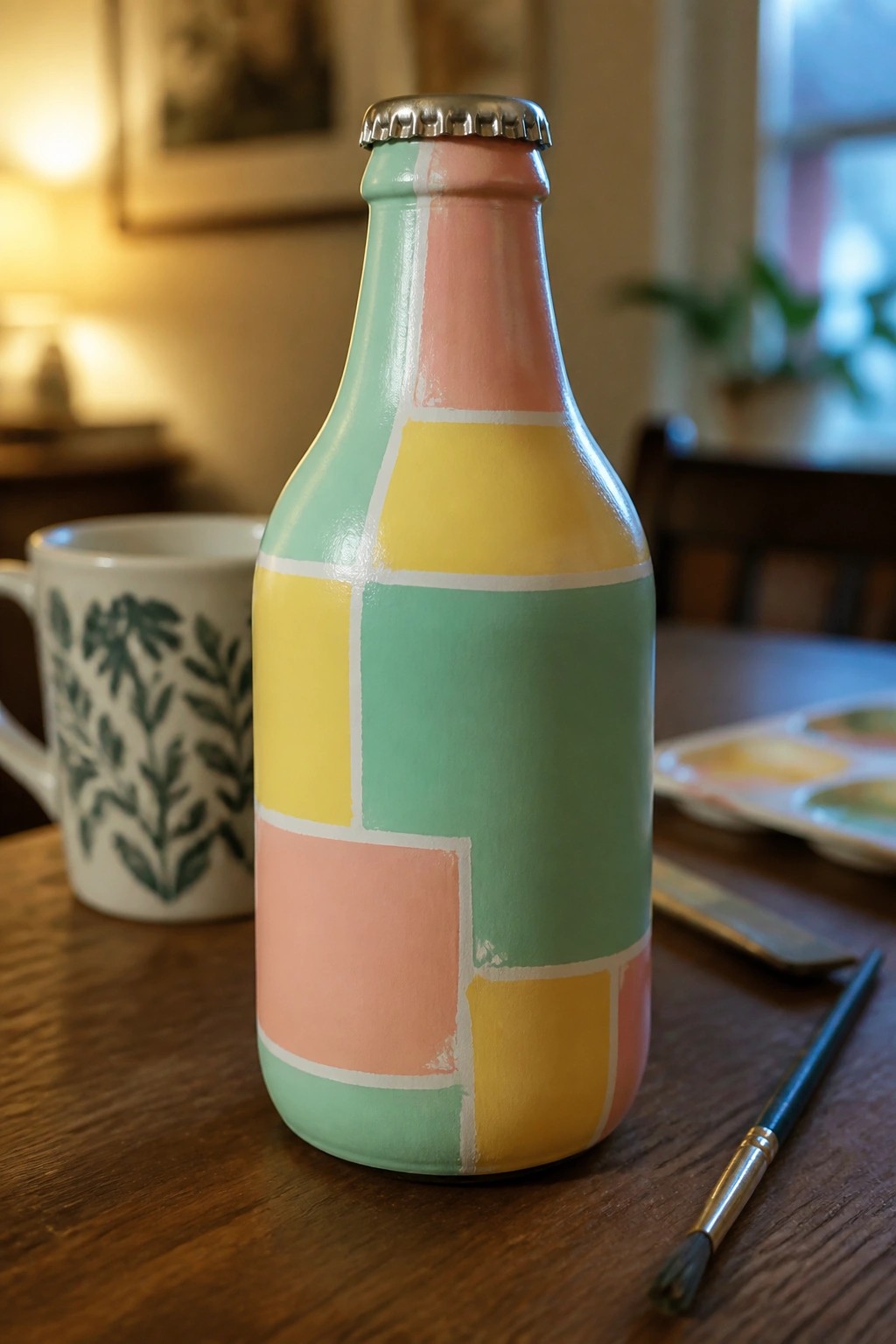 Pastel geometric-painted bottle with metal cap beside floral mug and paintbrush on wood