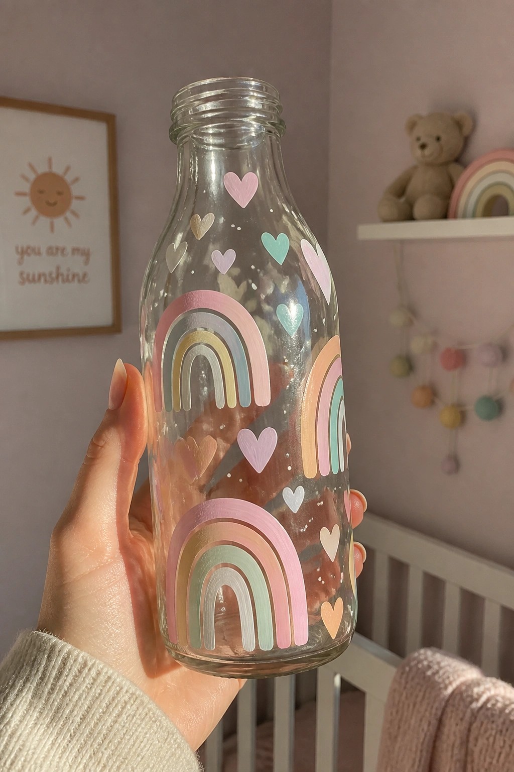 Hand holds glass bottle painted with pastel rainbows and hearts in nursery setting