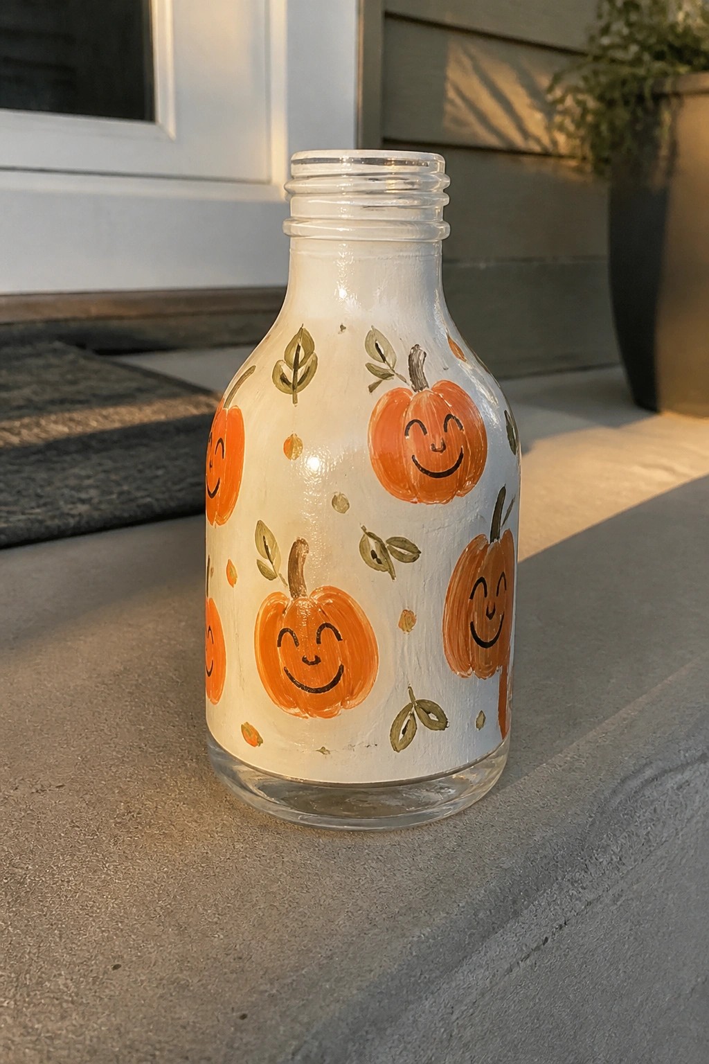 White-painted glass bottle with smiling orange pumpkins, leaves, and dots on concrete.