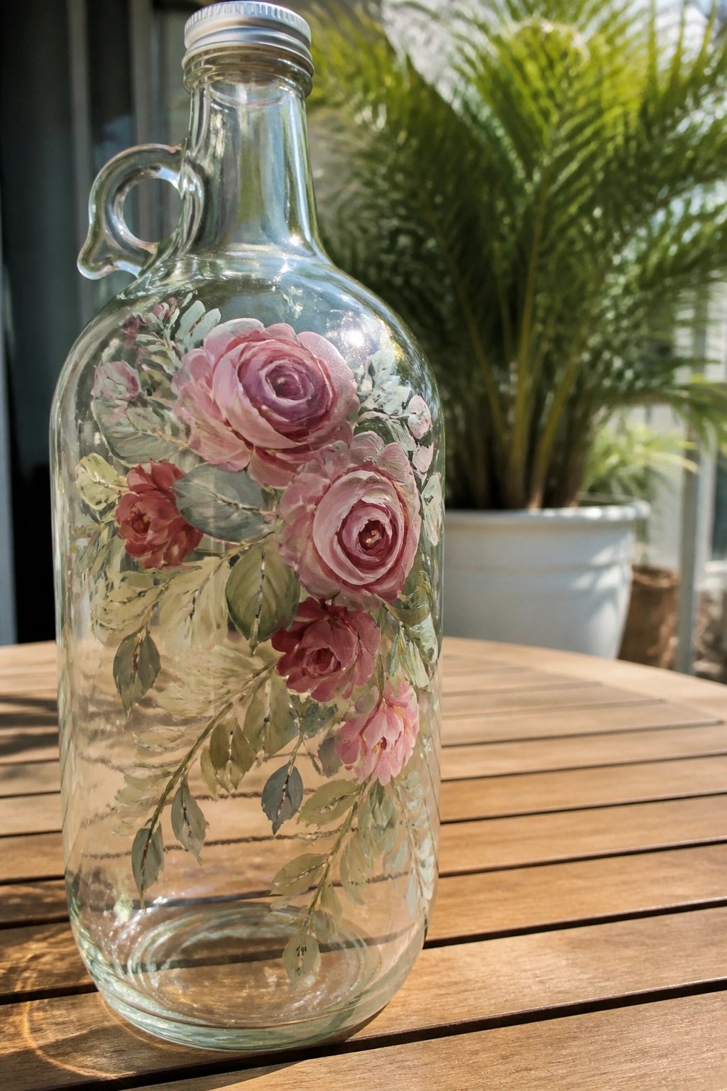 Glass jug with metal lid, hand-painted pink roses on wooden table outdoors