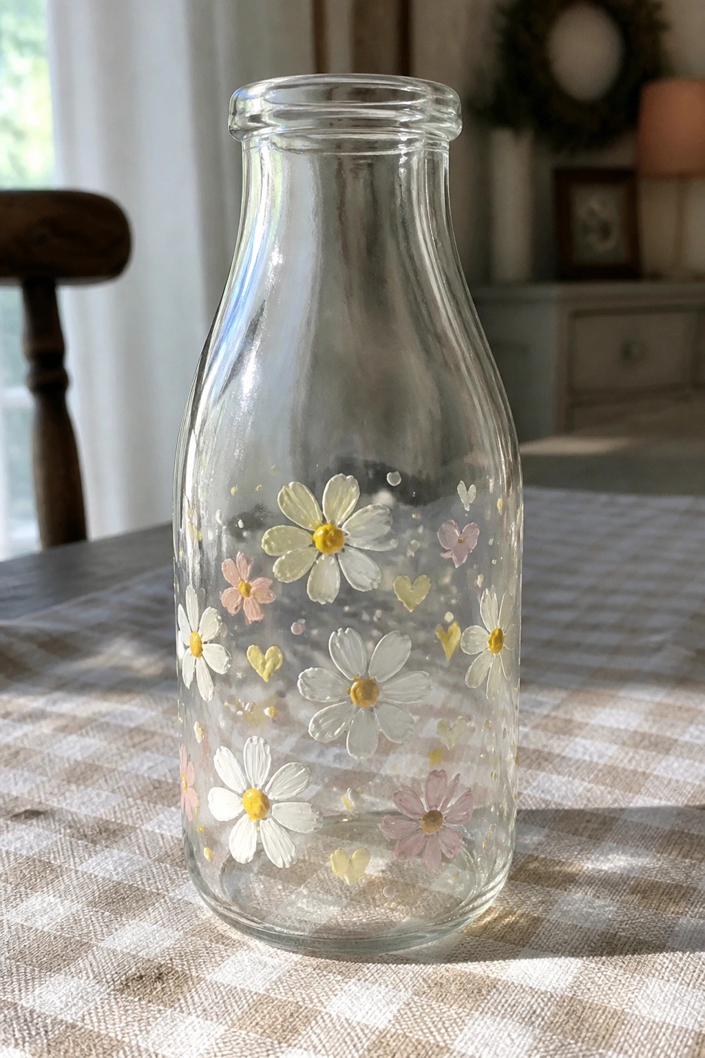 Clear glass milk bottle painted with daisies, pink flowers, and hearts on checkered cloth